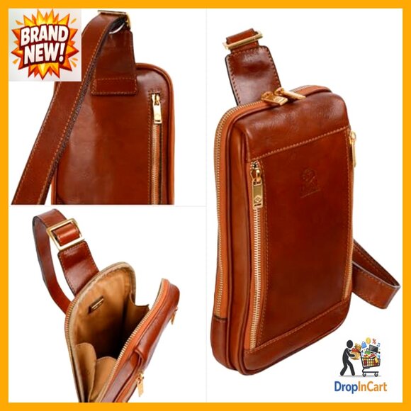 Leather Crossbody Sling Bag Handmade Italian Messenger Backpack Chest Bag - Picture 5 of 7